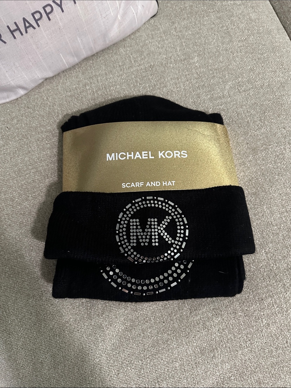 Michael Kors Black Scarf and Hat Set with Silver MK Crystal Logo